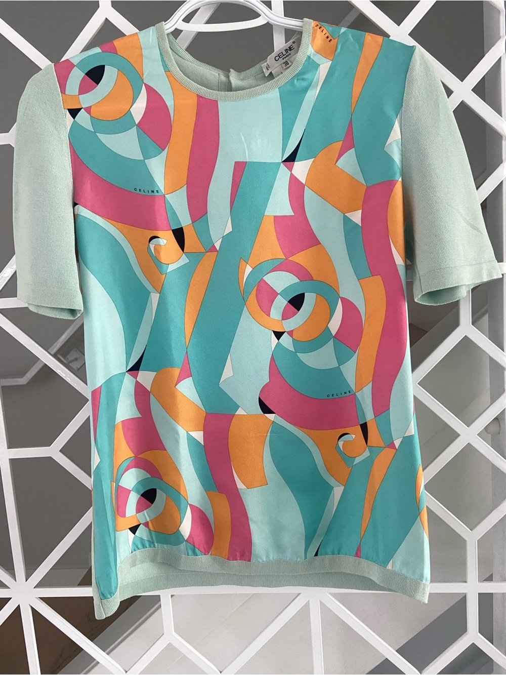 CELINE Paris Vintage 80s Abstract Geometric Print Top Size US2 / IT38 - Picture 2 of 10